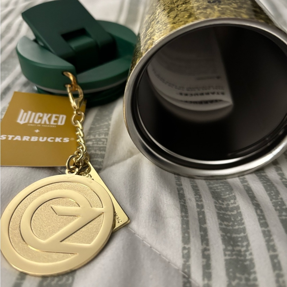 Starbucks Gold Patterned Tumbler with Green Lid